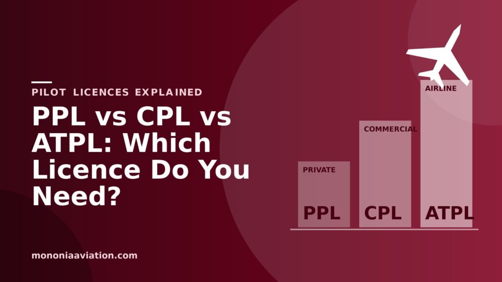 PPL vs CPL vs ATPL pilot licence levels shown as three rising steps with a jet
